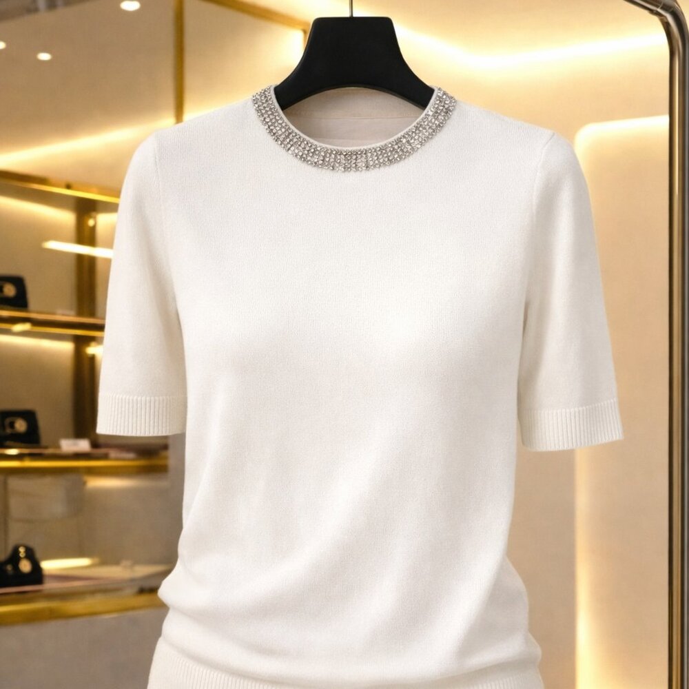 NWOT Elegant Very Soft Beaded Neckline Feminine Knit Top - Picture 3 of 16
